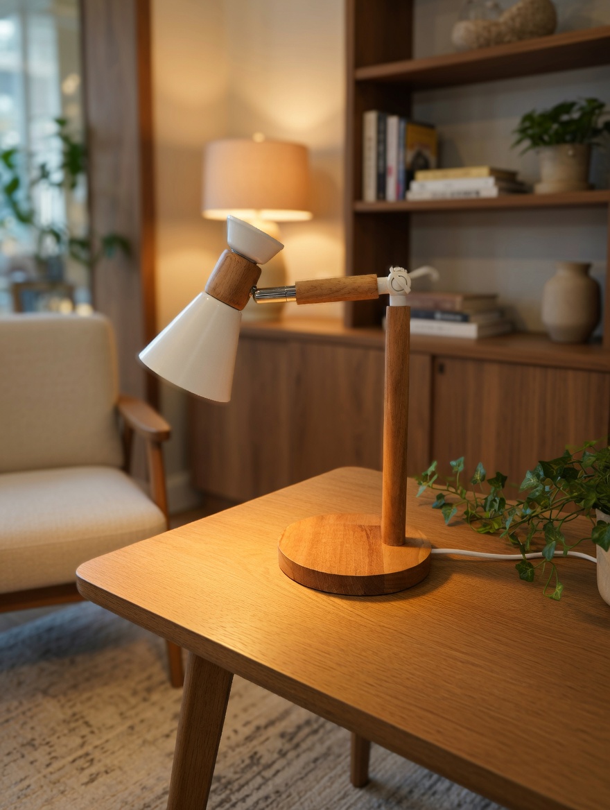 Modern Ahşap Detaylı Beyaz Masa Lambası - Okuma & Çalışma Lambası